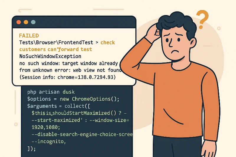Laravel Dusk tests failing -  no such window target window already closed